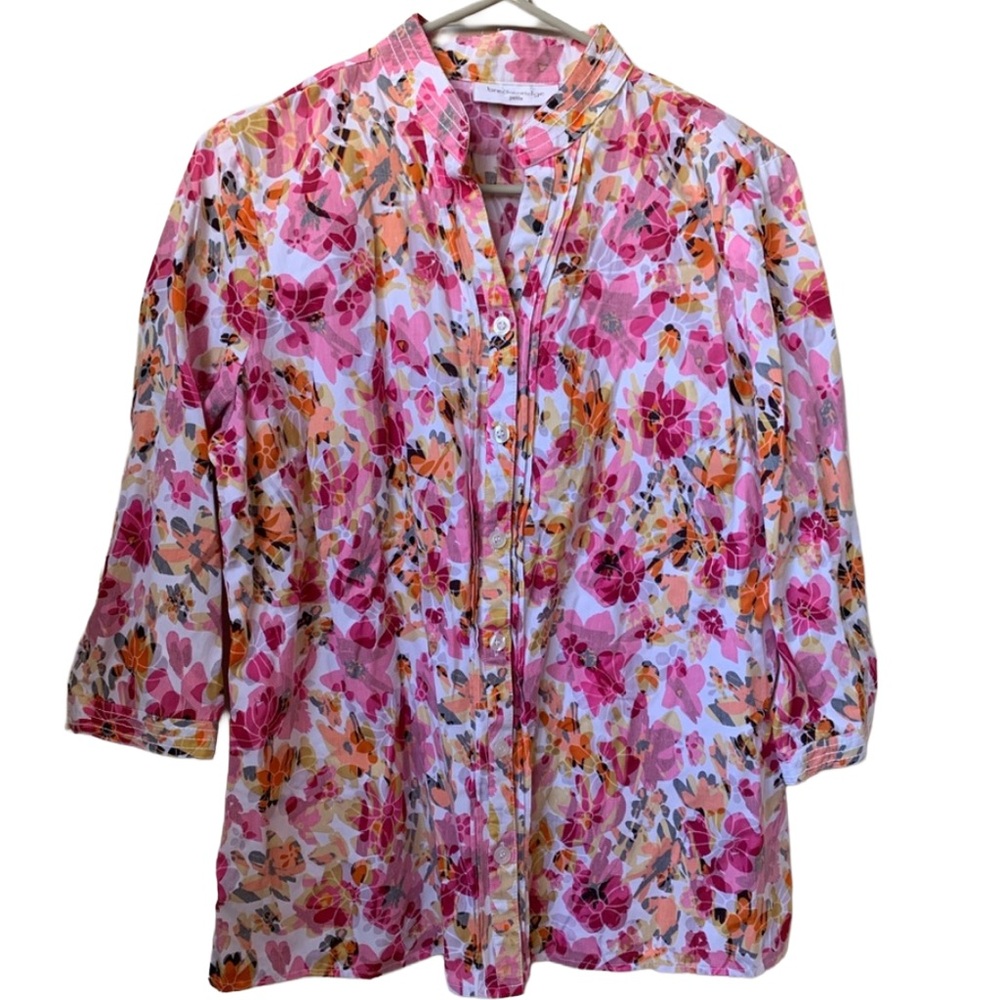 BRECKENRIDGE Women’s Pink White Yellow Gray Floral Print 3/4 Sleeve Blouse